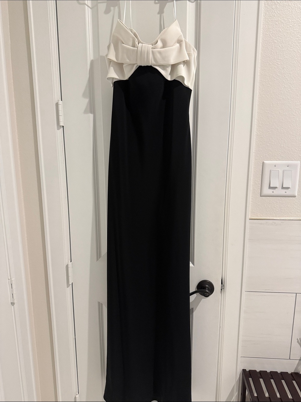 ABS Allen Schwartz Black Strapless Gown with Cream Bow Bodice